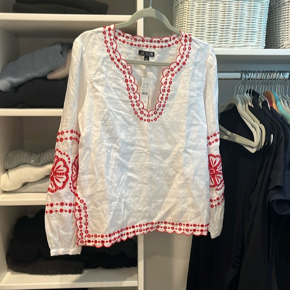 J. Crew White Linen Bungalow Embroidered Top